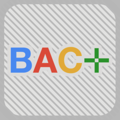 Application icon of the Bac Plus iOS
										  application. A grey rounded rectangle
										  with 45 degrees inclined straight
										  lines. On top there is the letters BAC
										  in blue, red and yellow (respectively)
										  and a green plus sign.