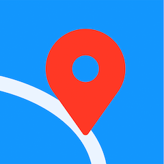 Application icon of the Tripsleep iOS
										  application. On blue electric
										  background a POI red marker in the
										  center points on a white line
										  depicting a road on a map.