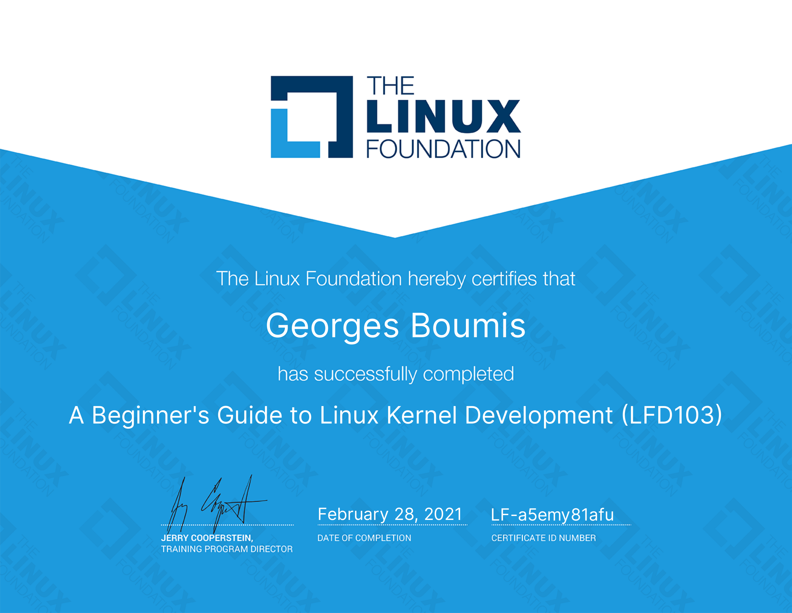 Linux Kernel Development Course LFD103 Certificate