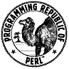 A circural black and white badge that
										  depicts a camel (perl's programming
										  language mascot). At the borders of
										  the badge there is an inscription
										  writting Programming Republic of
										  Perl.