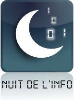 The logo of the Nuit de l'info event.
										  Consists of a dark blue/grey
										  background rounded rectangle
										  background with a white decrescent
										  moon. In the inside curve of the
										  decrescent moon there are zero and one
										  digits. Below the rounded rectangle is
										  written Nuit de l'Info with LCD screen
										  characters.