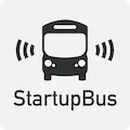 A light grey rectangle with a black
										  front of a bus with wave like lines on
										  the side. Below the bus is written
										  StartupBus.
